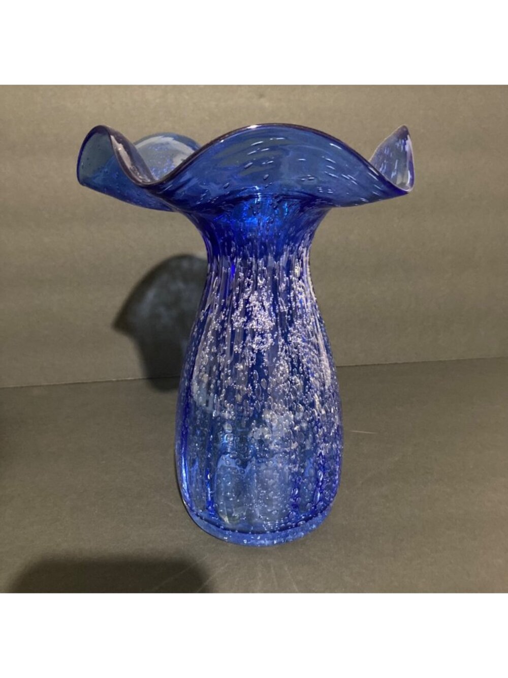 Hand Blown Blue And Silver Ruffled Art Glass Vase With Bubble Detailing